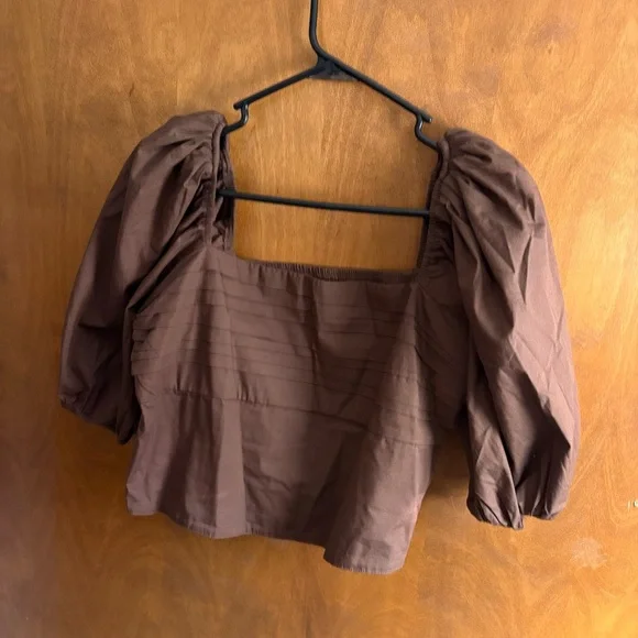 Abercrombie & Fitch Chocolate Brown Emerson Square Neck Crop Top Puff Sleeve Y2K - Picture 4 of 12